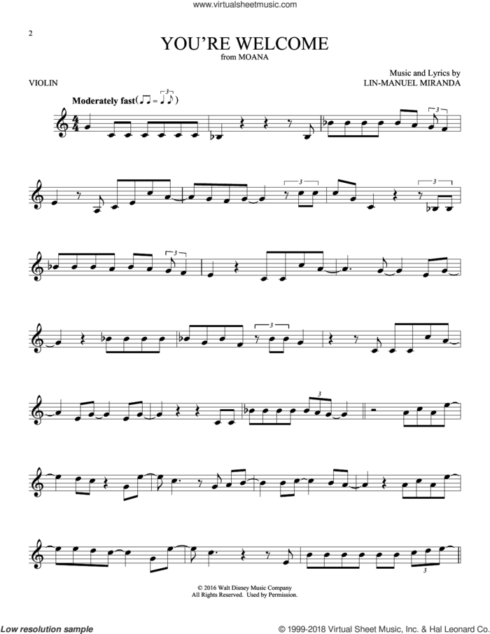 You're Welcome (from Moana) sheet music for violin solo by Lin-Manuel Miranda, intermediate skill level