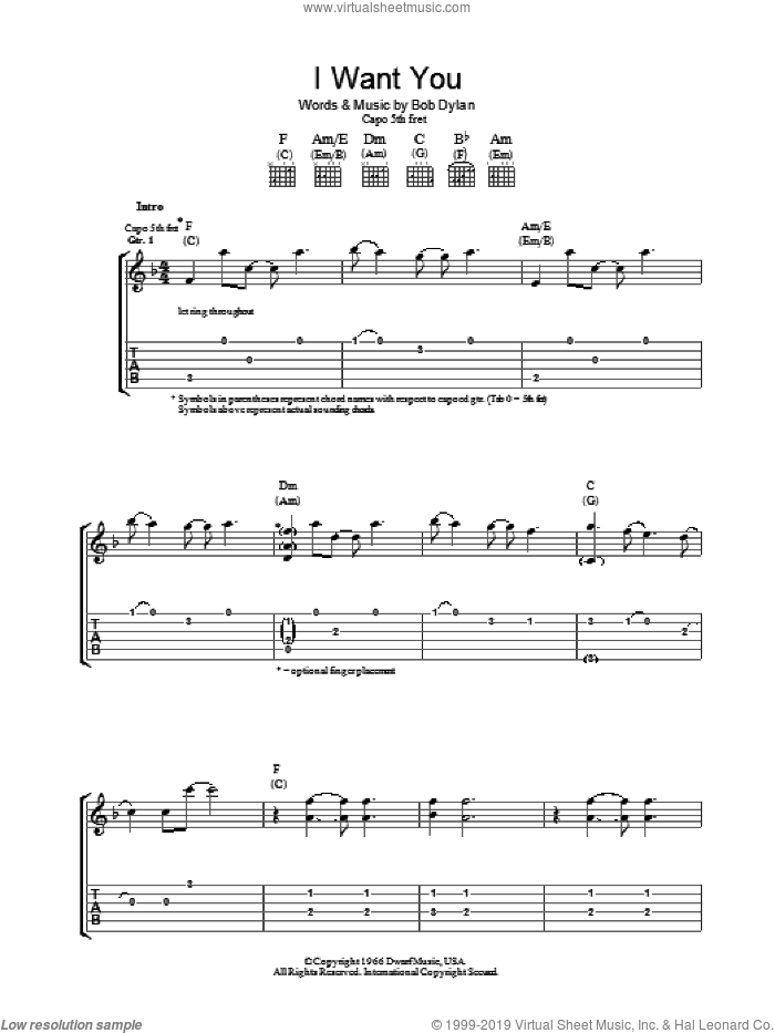 I Want You sheet music for guitar (tablature) by Bob Dylan, intermediate skill level