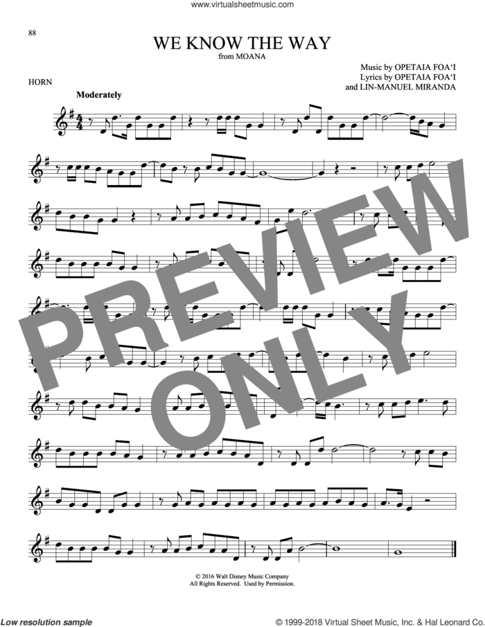 We Know The Way (from Moana) sheet music for horn solo by Opetaia Foa'i & Lin-Manuel Miranda and Lin-Manuel Miranda, intermediate skill level