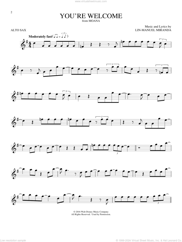 You're Welcome (from Moana) sheet music for alto saxophone solo by Lin-Manuel Miranda, intermediate skill level