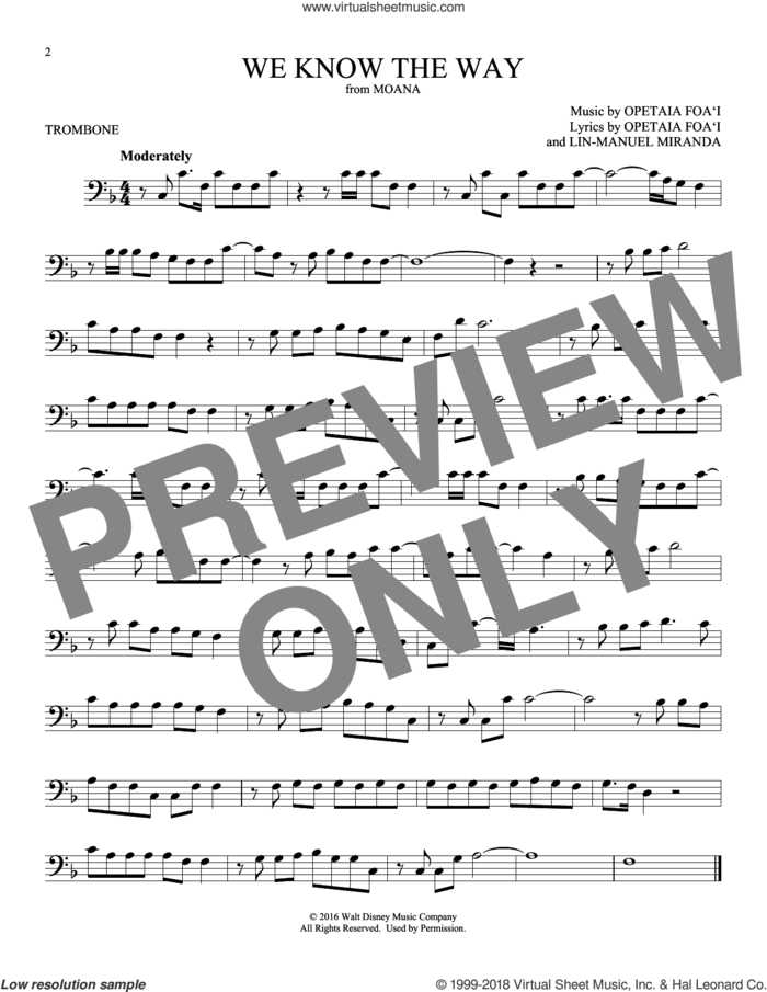 We Know The Way (from Moana) sheet music for trombone solo by Opetaia Foa'i & Lin-Manuel Miranda and Lin-Manuel Miranda, intermediate skill level