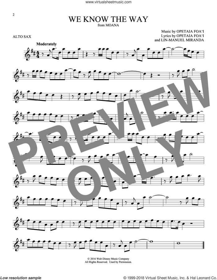 We Know The Way (from Moana) sheet music for alto saxophone solo by Opetaia Foa'i & Lin-Manuel Miranda and Lin-Manuel Miranda, intermediate skill level