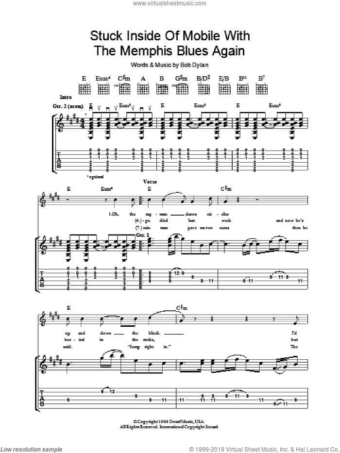 Stuck Inside Of Mobile With The Memphis Blues Again sheet music for guitar (tablature) by Bob Dylan, intermediate skill level