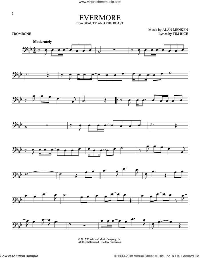 Evermore (from Beauty And The Beast) sheet music for trombone solo by Josh Groban, Alan Menken and Tim Rice, intermediate skill level