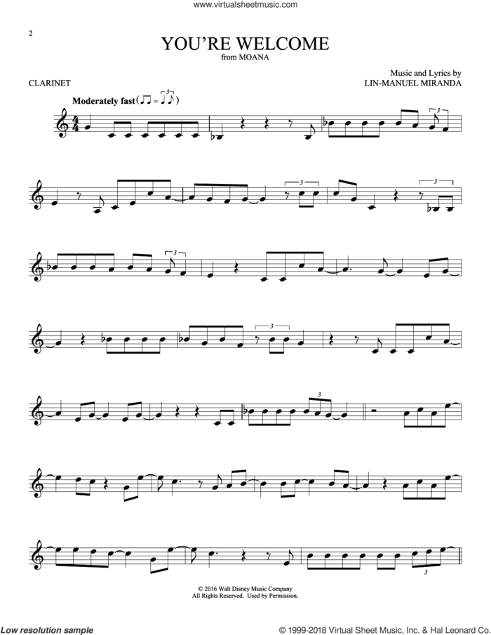 You're Welcome (from Moana) sheet music for clarinet solo by Lin-Manuel Miranda, intermediate skill level