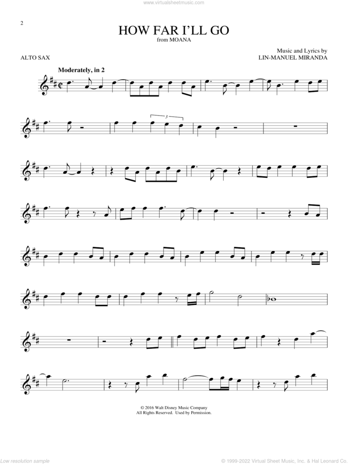 How Far I'll Go (from Moana) sheet music for alto saxophone solo by Alessia Cara and Lin-Manuel Miranda, intermediate skill level