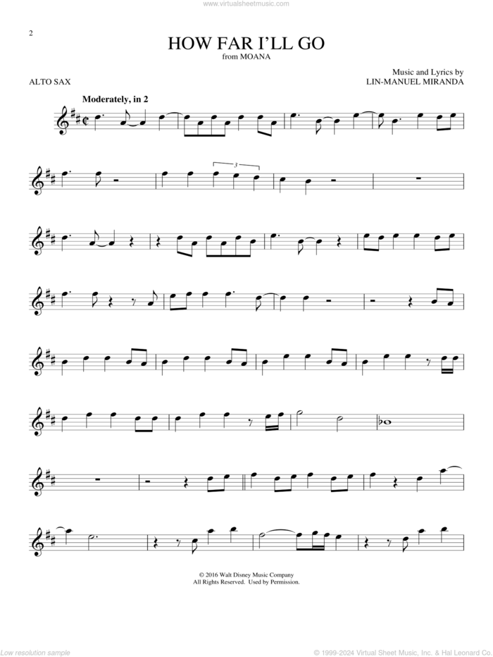 How Far I'll Go (from Moana) sheet music for alto saxophone solo by Lin-Manuel Miranda and Alessia Cara, intermediate skill level