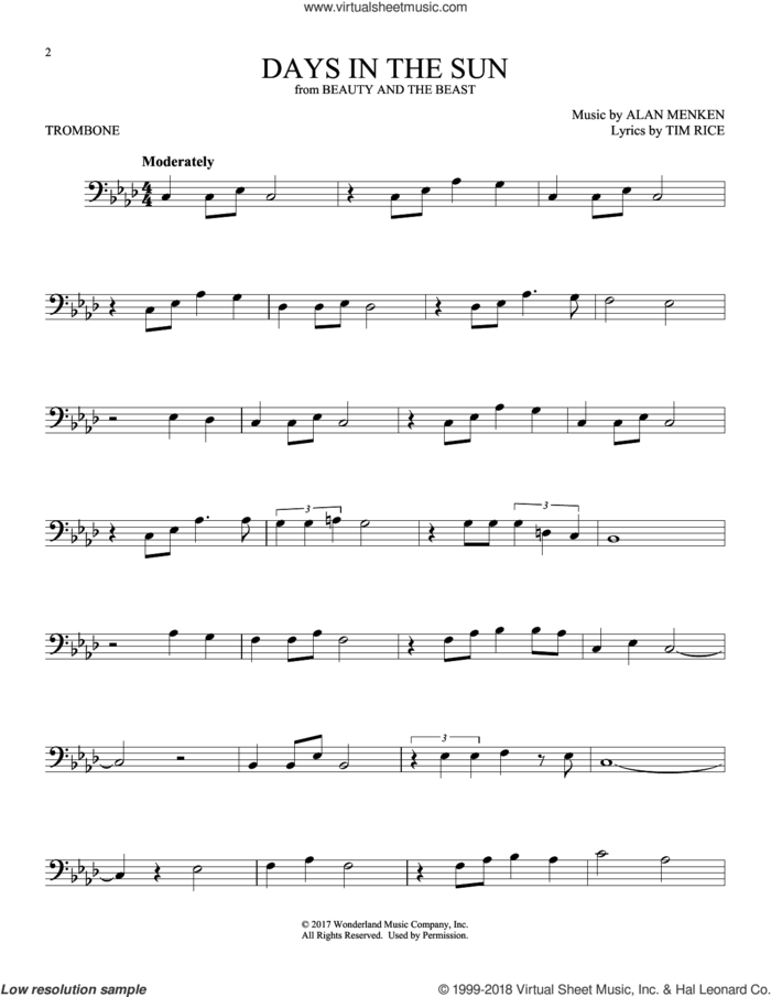 Days In The Sun (from Beauty And The Beast) sheet music for trombone solo by Alan Menken & Tim Rice, Alan Menken and Tim Rice, intermediate skill level