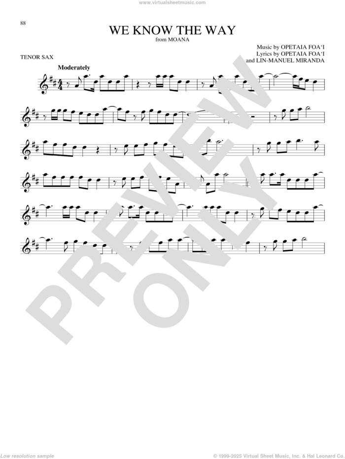 We Know The Way (from Moana) sheet music for tenor saxophone solo by Opetaia Foa'i & Lin-Manuel Miranda and Lin-Manuel Miranda, intermediate skill level