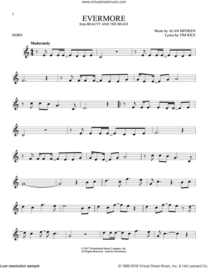 Evermore (from Beauty And The Beast) sheet music for horn solo by Josh Groban, Alan Menken and Tim Rice, intermediate skill level