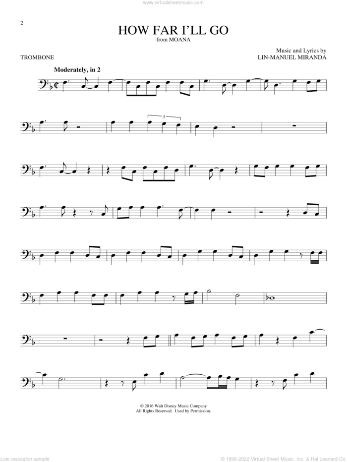 How Far I'll Go (from Moana) sheet music for trombone solo by Lin-Manuel Miranda and Alessia Cara, intermediate skill level