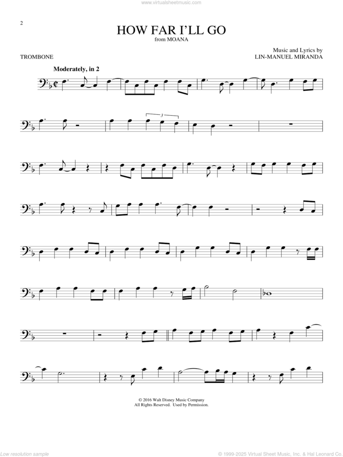 How Far I'll Go (from Moana) sheet music for trombone solo by Lin-Manuel Miranda and Alessia Cara, intermediate skill level