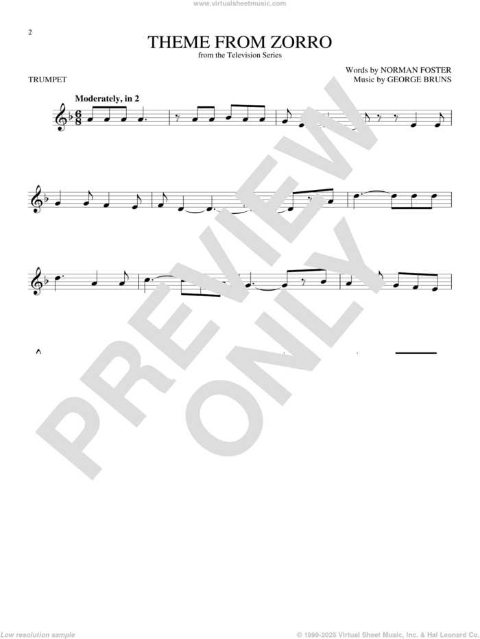 Theme From Zorro sheet music for trumpet solo by George Bruns and Norman Foster, intermediate skill level