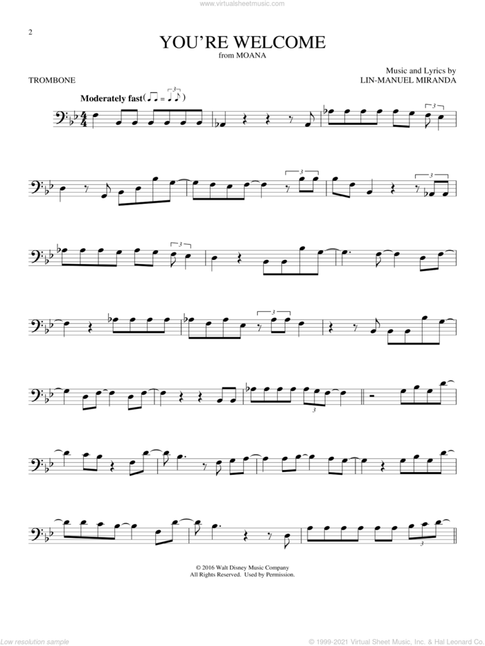 You're Welcome (from Moana) sheet music for trombone solo by Lin-Manuel Miranda, intermediate skill level