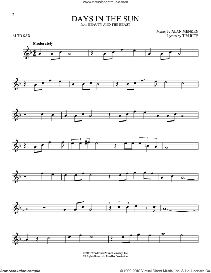 Days In The Sun (from Beauty And The Beast) sheet music for alto saxophone solo by Alan Menken & Tim Rice, Alan Menken and Tim Rice, intermediate skill level