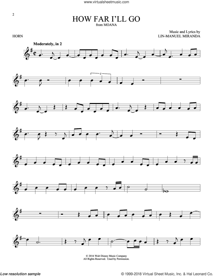 How Far I'll Go (from Moana) sheet music for horn solo by Lin-Manuel Miranda and Alessia Cara, intermediate skill level