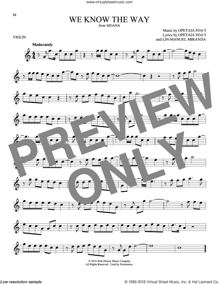 We Know The Way (from Moana) sheet music for violin solo by Opetaia Foa'i & Lin-Manuel Miranda and Lin-Manuel Miranda, intermediate skill level