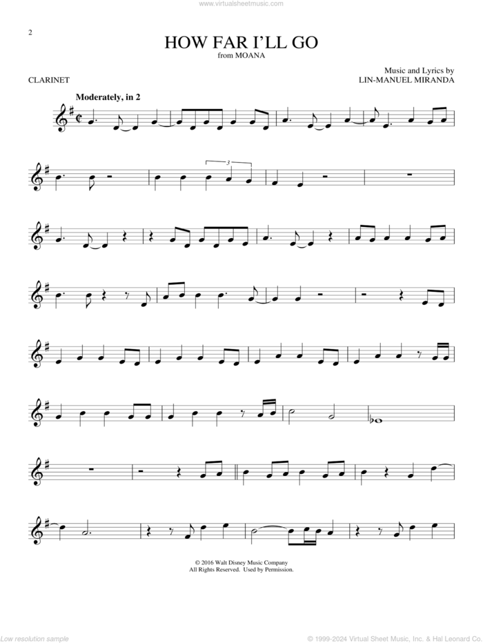 How Far I'll Go (from Moana) sheet music for clarinet solo by Lin-Manuel Miranda and Alessia Cara, intermediate skill level