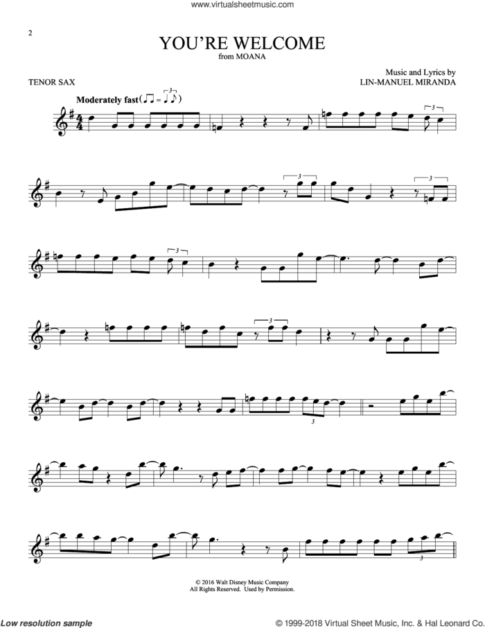 You're Welcome (from Moana) sheet music for tenor saxophone solo by Lin-Manuel Miranda, intermediate skill level