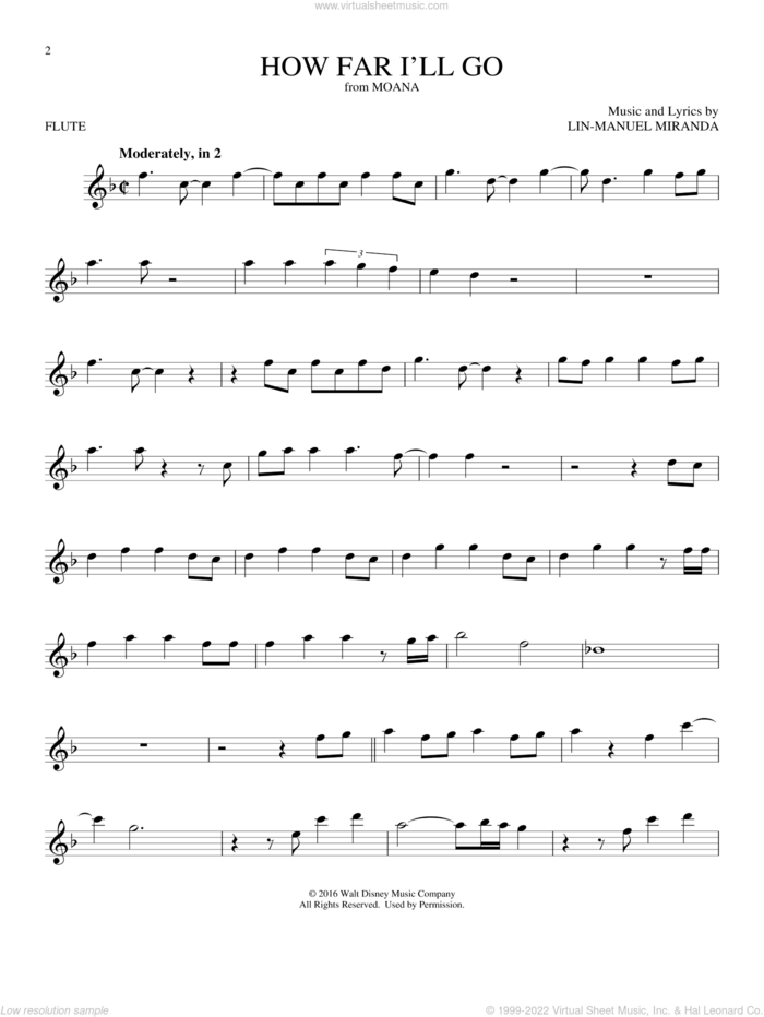 How Far I'll Go (from Moana) sheet music for flute solo by Alessia Cara and Lin-Manuel Miranda, intermediate skill level