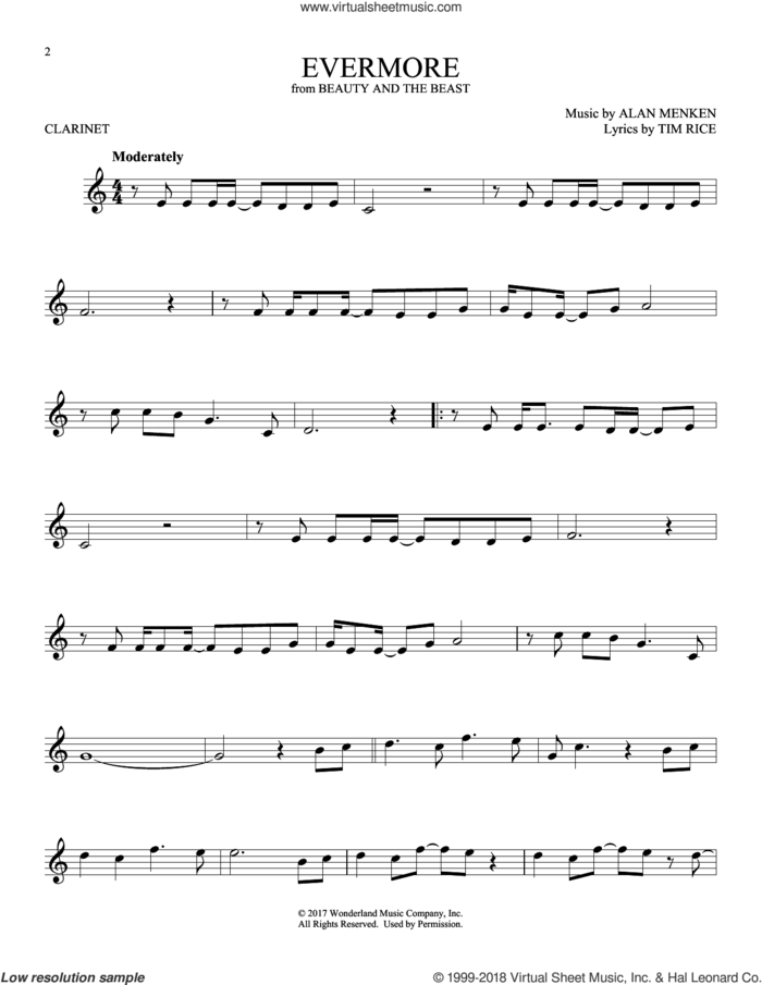 Evermore (from Beauty And The Beast) sheet music for clarinet solo by Josh Groban, Alan Menken and Tim Rice, intermediate skill level