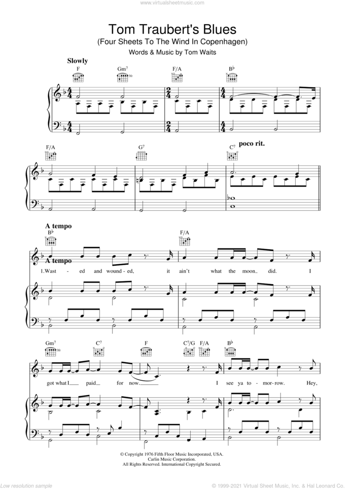 Tom Traubert's Blues (Four Sheets To The Wind In Copenhagen) sheet music for voice, piano or guitar by Tom Waits, intermediate skill level