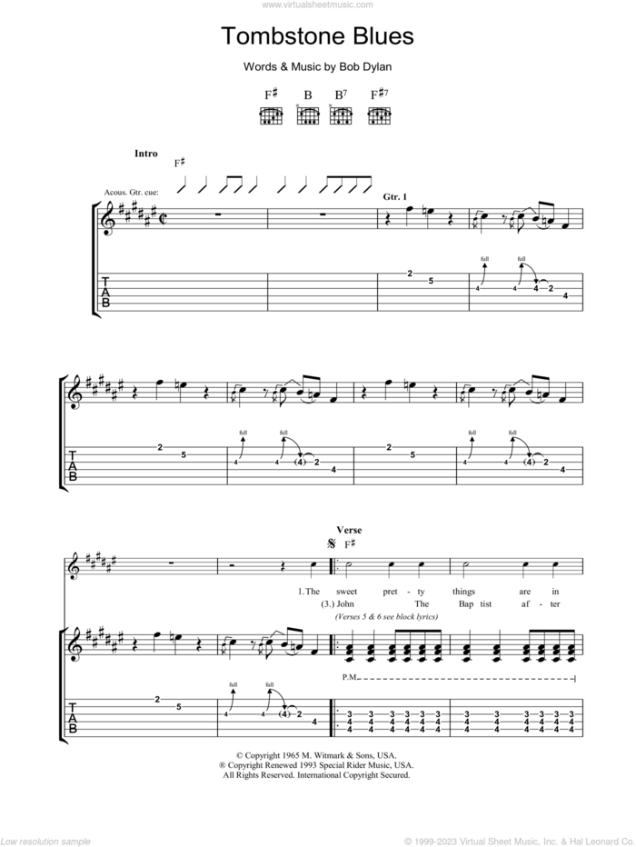 Tombstone Blues sheet music for guitar (tablature) by Bob Dylan, intermediate skill level
