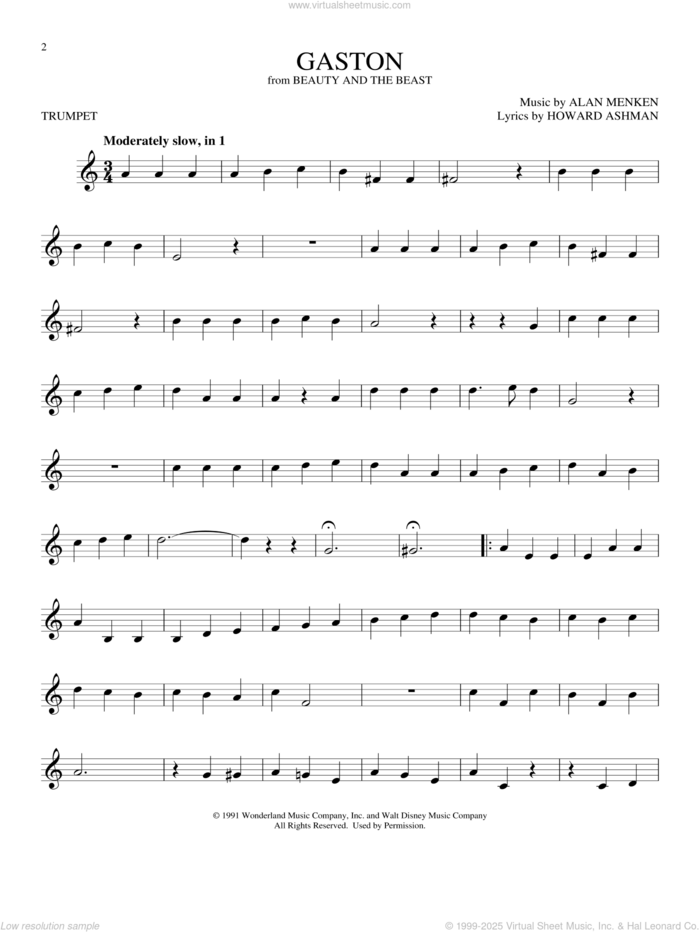 Gaston (from Beauty And The Beast) sheet music for trumpet solo by Alan Menken, Alan Menken & Howard Ashman and Howard Ashman, intermediate skill level