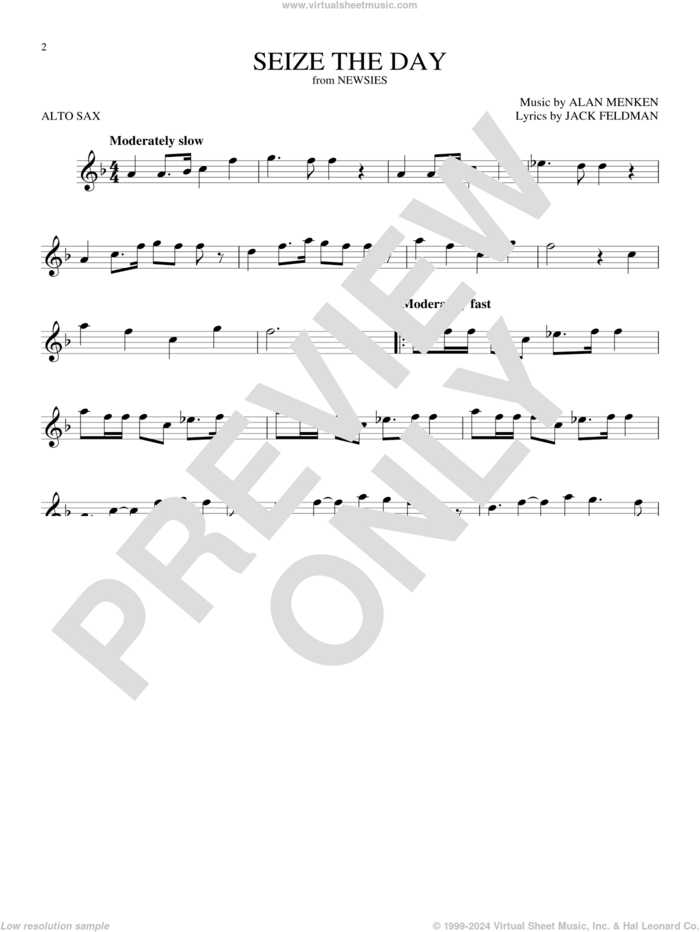 Seize The Day (from Newsies) sheet music for alto saxophone solo by Alan Menken & Jack Feldman, Alan Menken and Jack Feldman, intermediate skill level