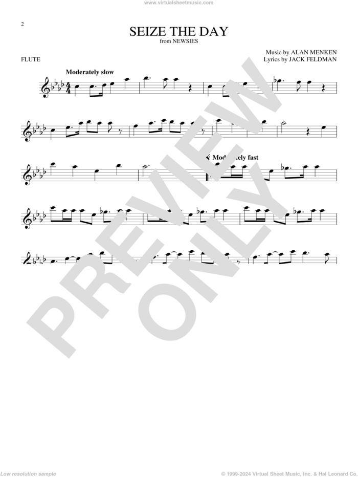 Seize The Day (from Newsies) sheet music for flute solo by Alan Menken & Jack Feldman, Alan Menken and Jack Feldman, intermediate skill level