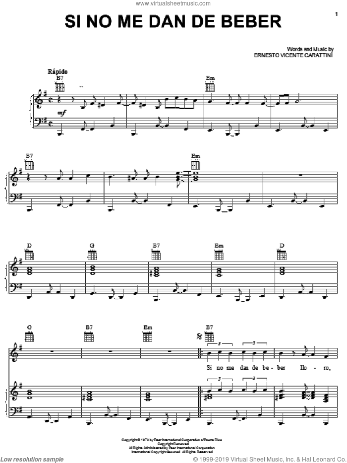 Si No Me Dan De Beber sheet music for voice, piano or guitar by Ernesto Vicente Carattini, intermediate skill level