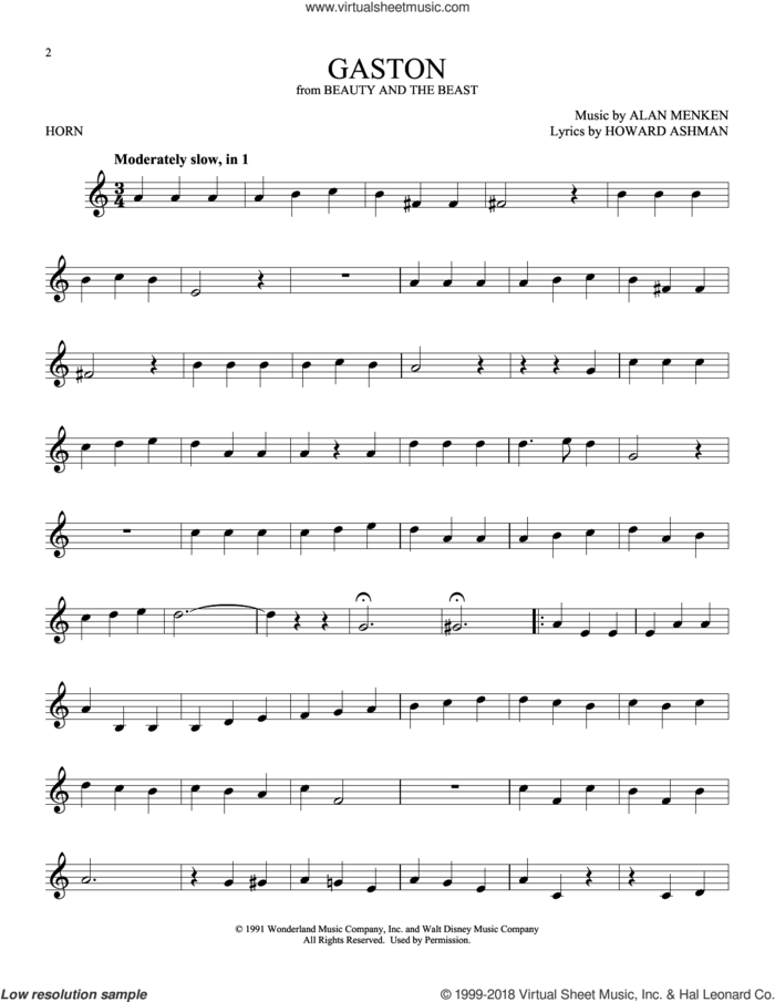 Gaston (from Beauty And The Beast) sheet music for horn solo by Alan Menken and Howard Ashman, intermediate skill level