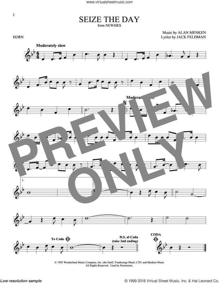 Seize The Day (from Newsies) sheet music for horn solo by Alan Menken & Jack Feldman, Alan Menken and Jack Feldman, intermediate skill level