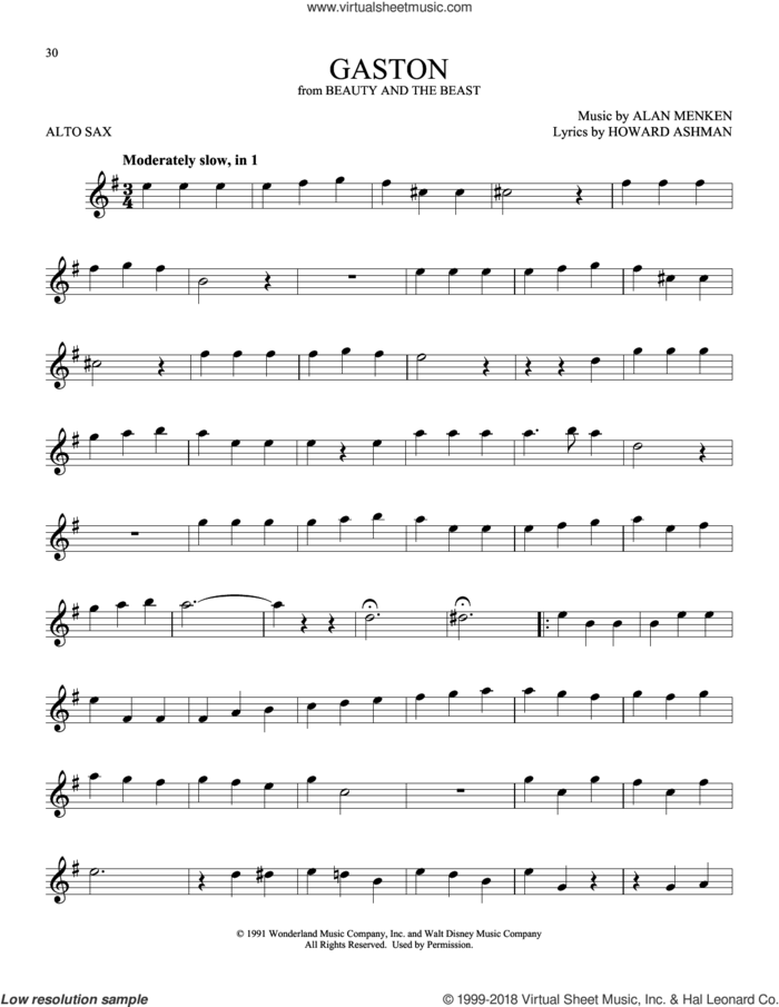 Gaston (from Beauty And The Beast) sheet music for alto saxophone solo by Alan Menken, Alan Menken & Howard Ashman and Howard Ashman, intermediate skill level