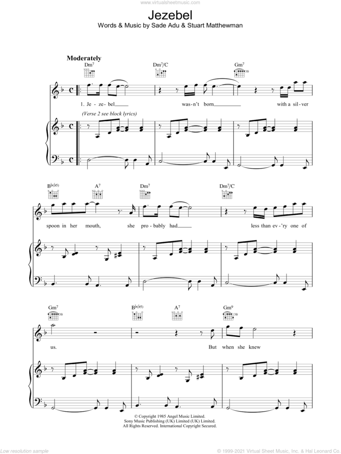 Jezebel sheet music for voice, piano or guitar by Sade, Sade Adu and Stuart Matthewman, intermediate skill level
