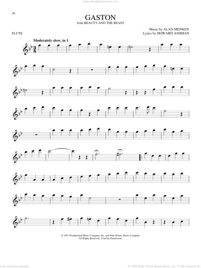 Gaston (from Beauty And The Beast) sheet music for flute solo by Alan Menken, Alan Menken & Howard Ashman and Howard Ashman, intermediate skill level