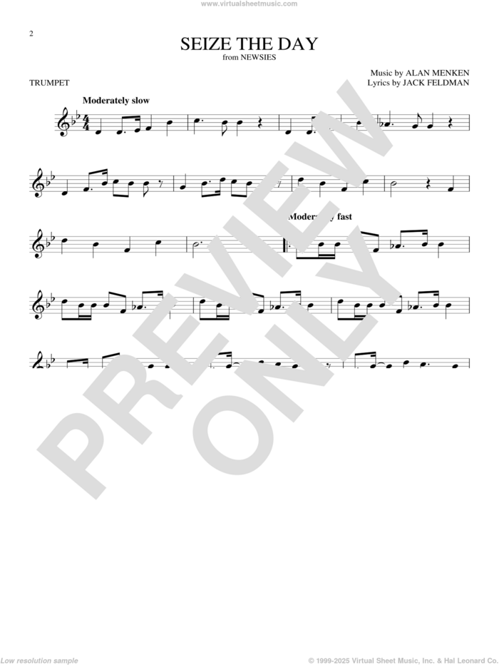 Seize The Day (from Newsies) sheet music for trumpet solo by Alan Menken & Jack Feldman, Alan Menken and Jack Feldman, intermediate skill level