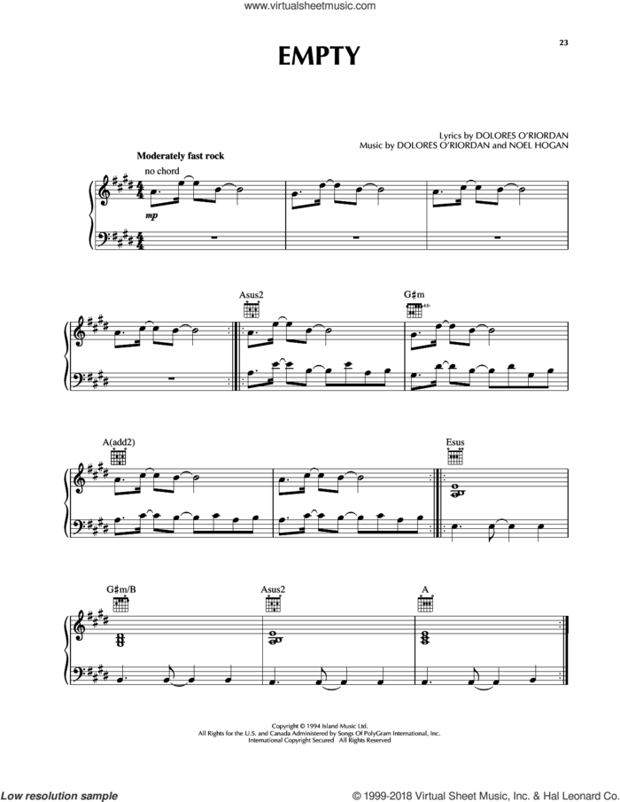 Empty sheet music for voice, piano or guitar by The Cranberries and Noel Hogan, intermediate skill level