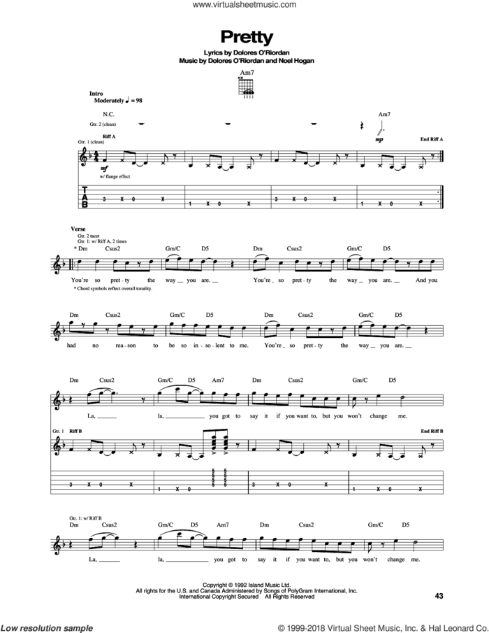 Pretty sheet music for guitar (tablature) by The Cranberries and Noel Hogan, intermediate skill level