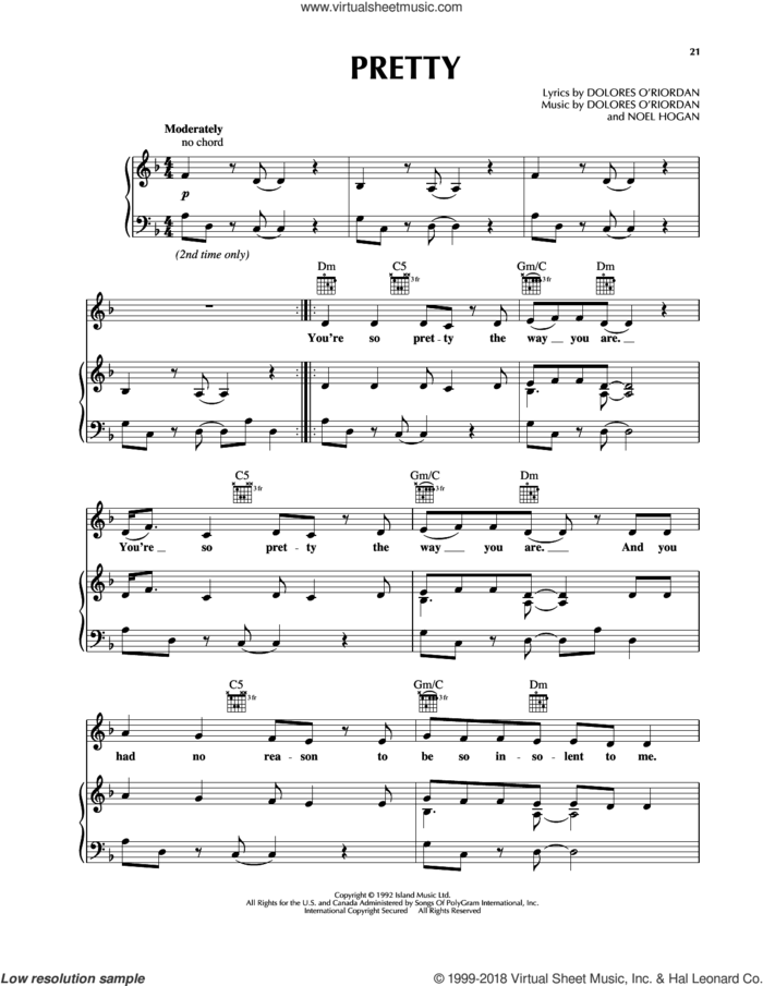 Pretty sheet music for voice, piano or guitar by The Cranberries and Noel Hogan, intermediate skill level