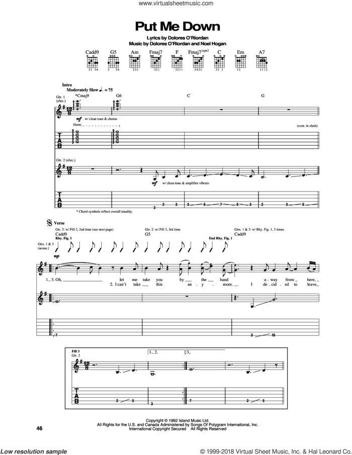 Put Me Down sheet music for guitar (tablature) by The Cranberries and Noel Hogan, intermediate skill level