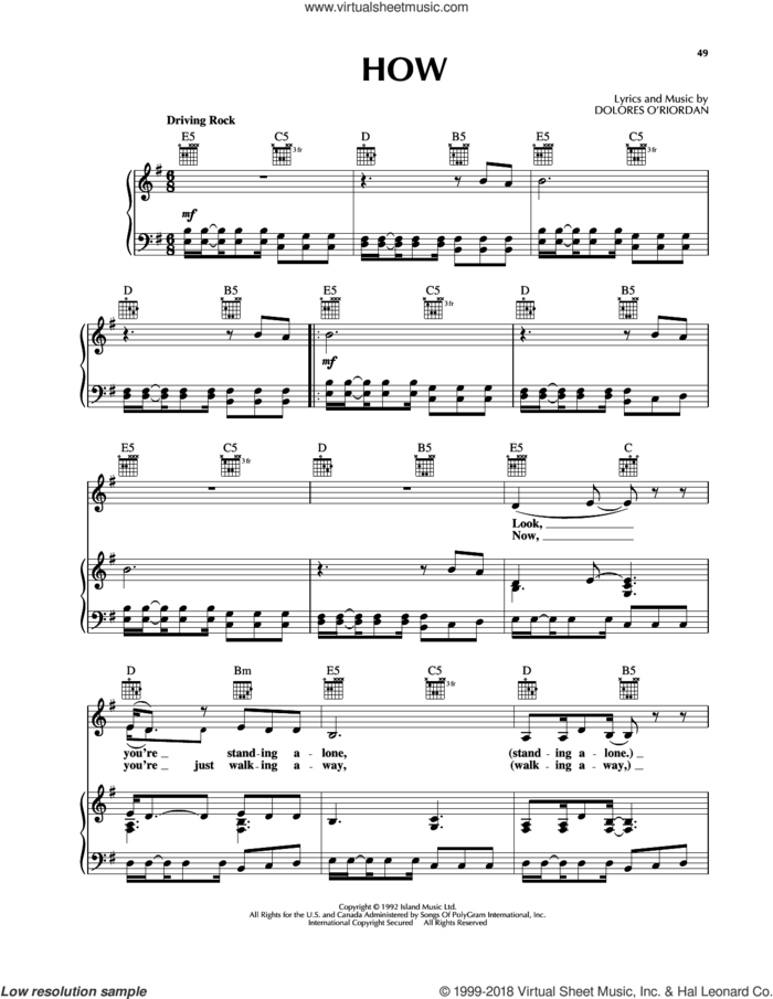 How sheet music for voice, piano or guitar by The Cranberries, intermediate skill level