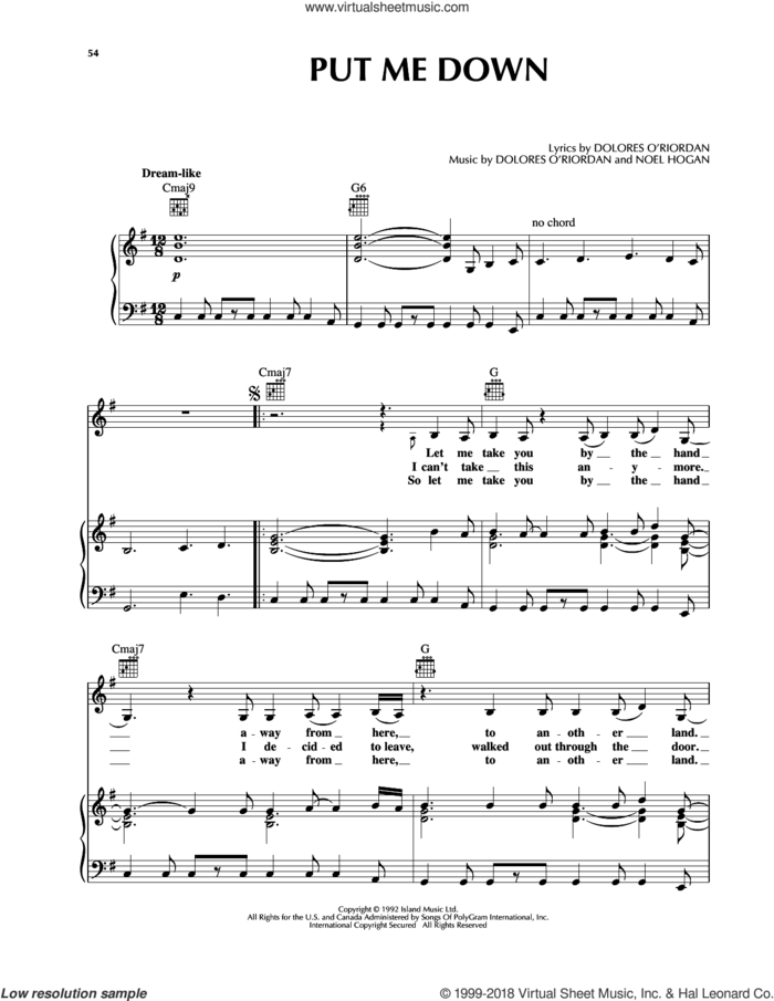 Put Me Down sheet music for voice, piano or guitar by The Cranberries and Noel Hogan, intermediate skill level
