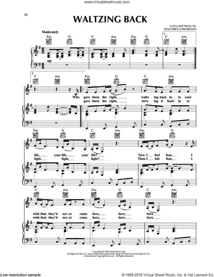 Waltzing Back sheet music for voice, piano or guitar by The Cranberries, intermediate skill level
