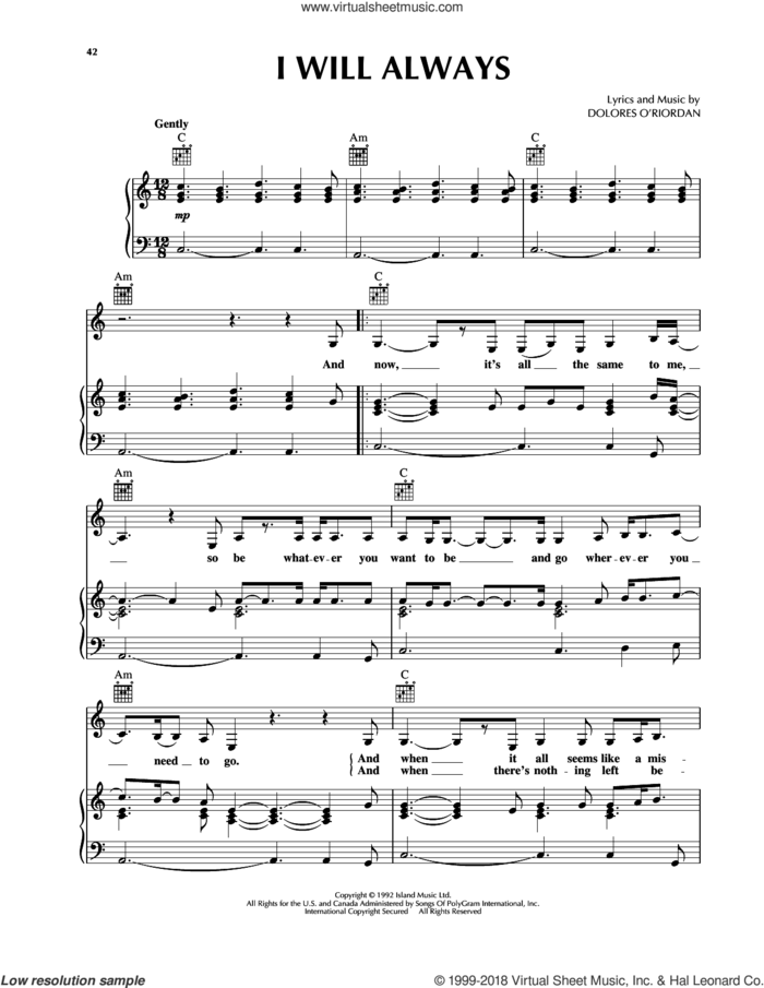 I Will Always sheet music for voice, piano or guitar by The Cranberries, intermediate skill level
