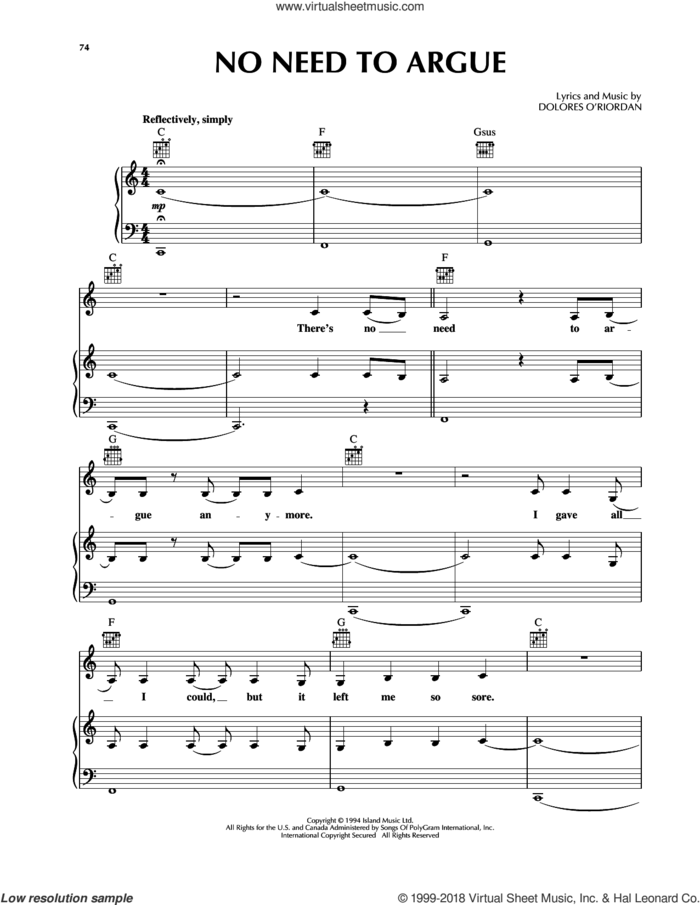 No Need To Argue sheet music for voice, piano or guitar by The Cranberries, intermediate skill level