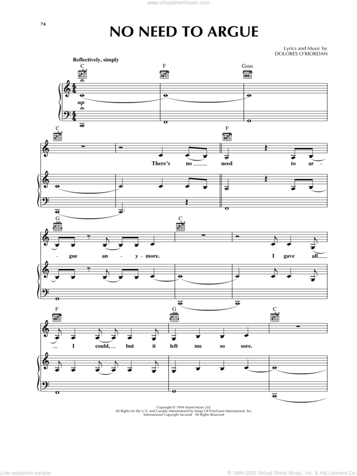 No Need To Argue sheet music for voice, piano or guitar by The Cranberries, intermediate skill level