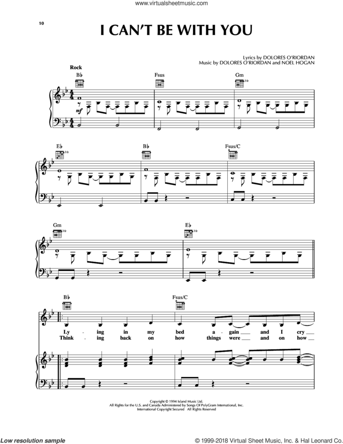 I Can't Be With You sheet music for voice, piano or guitar by The Cranberries and Noel Hogan, intermediate skill level