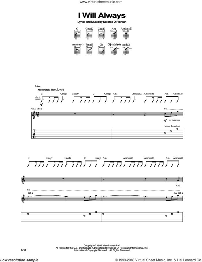 I Will Always sheet music for guitar (tablature) by The Cranberries, intermediate skill level