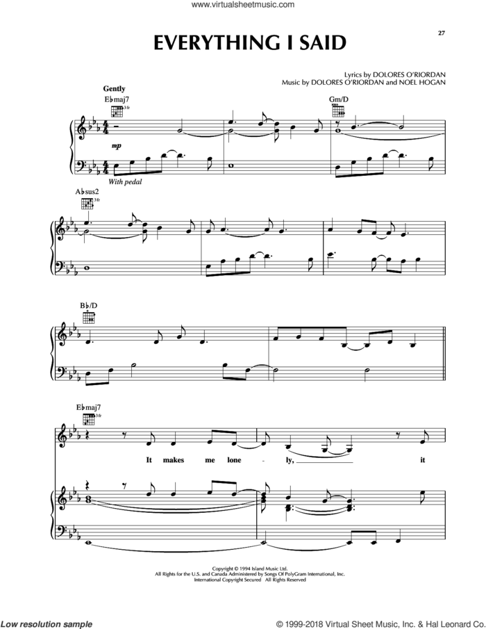 Everything I Said sheet music for voice, piano or guitar by The Cranberries and Noel Hogan, intermediate skill level